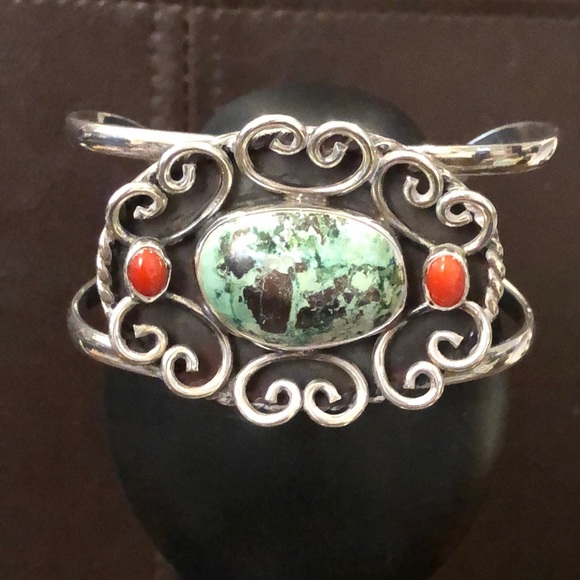 VINTAGE Sterling Silver Turquoise Coral Cuff Bangle Bracelet - Picture 11 of 11